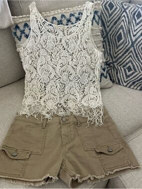 paper tee Cream Crochet Lace Tank with cargo shorts